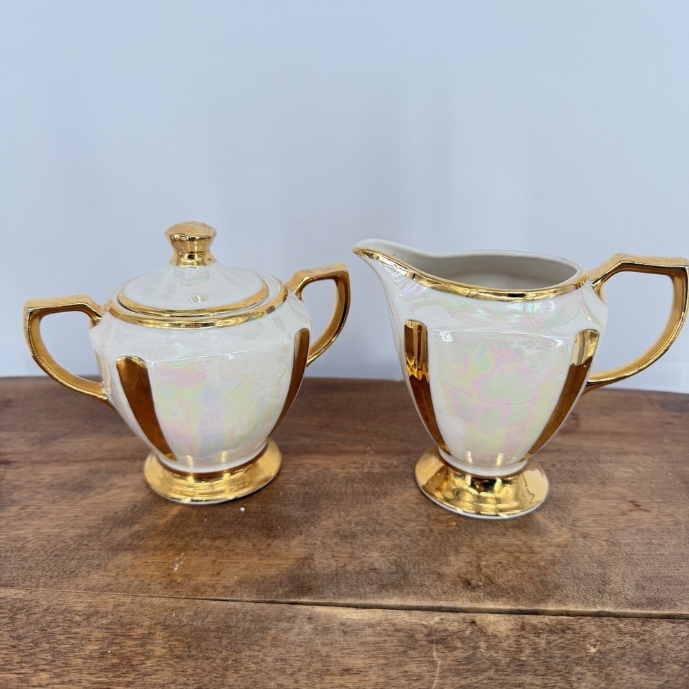 Vtg 50s Pearl Kingwood China 22 Kt. Gold Pearl Lusterware Creamer and Sugar Bowl